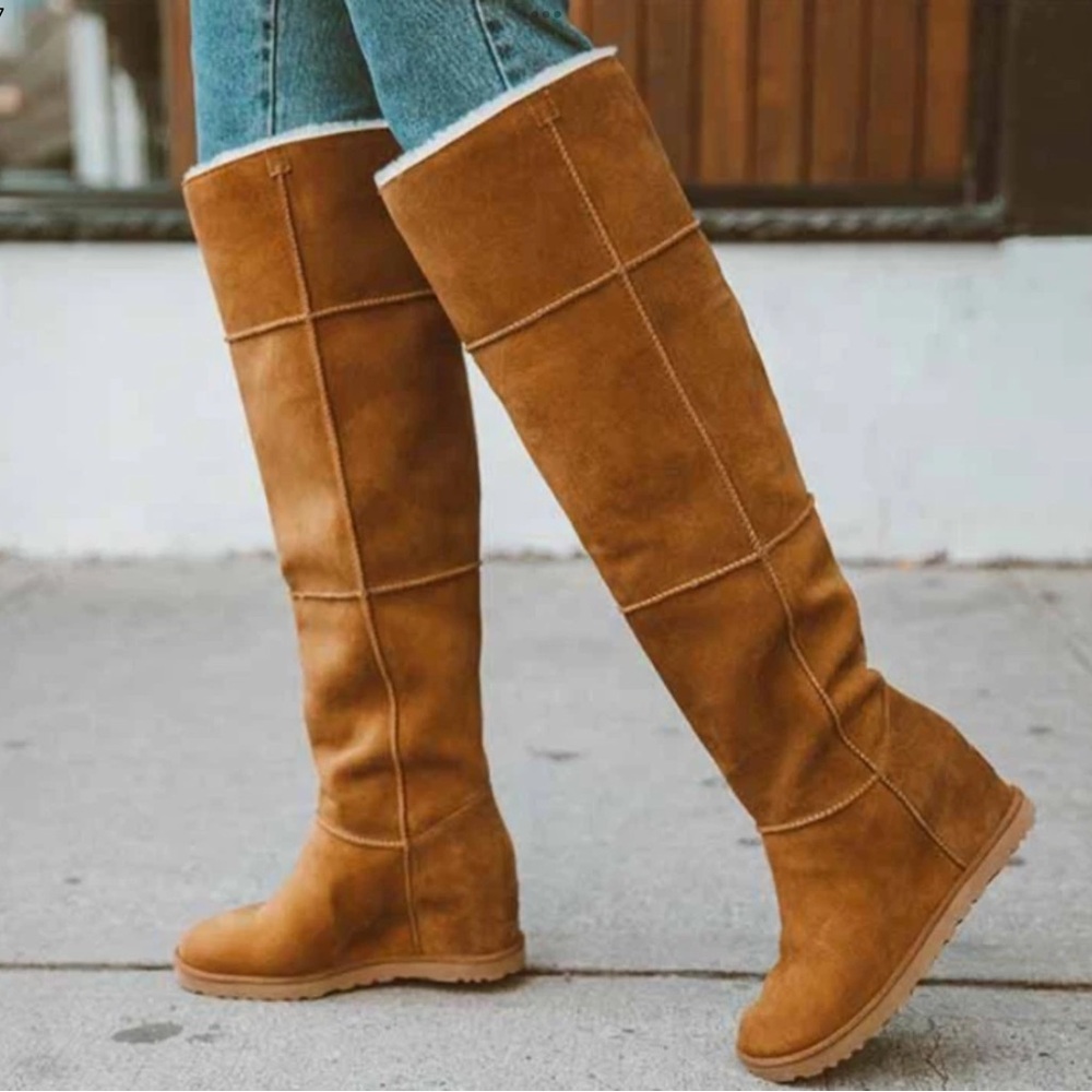 UGG CLASSIC FEMME OVER THE KNEE TALL BROWN SUEDE 4" WEDGE BOOTS SZ 7 EU 38
